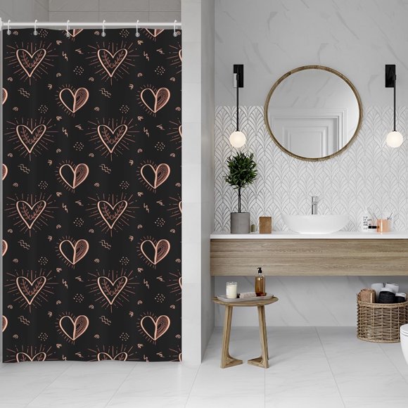 Ensemble de Rideau de Douche Noir pour Kiosque VR avec 6 Crochets Décoration de la Saint-Valentin Rideaux de Douche pour Filles Salle de Bain Minimaliste Cœurs d'Amour Brillants Tissu Imperméable Déco de Baignoire Séparateur de Pièce 36x72 Pouces