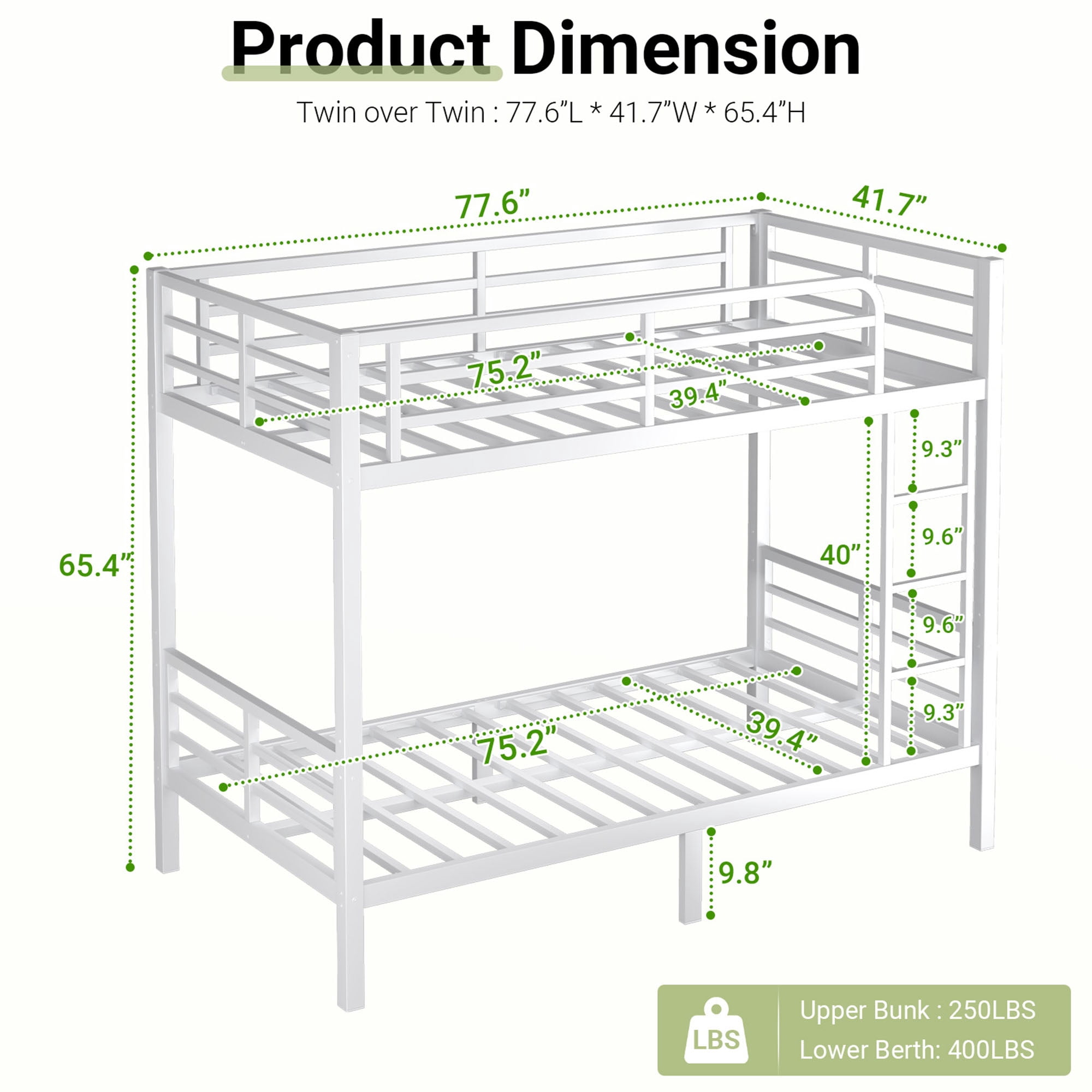 Miniyam Twin Over Twin Metal Bunk Bed Frame, Noise Free, Space Saving, White