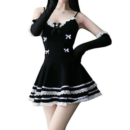 

Womens Sexy Lolita Cosplay Outfits Set Sleeveless Bowknot Mini Dress Backless Crisscross Lace-Up Maid Lingerie Clubwear