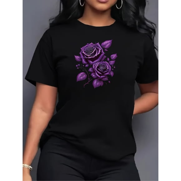 Camiseta de manga corta para mujer, cómoda, con estampado de rosas moradas, camiseta deportiva con estampado, diseño de camiseta para mujer, top para mujer