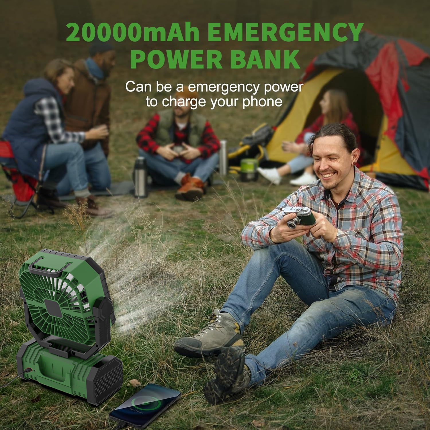 SuperRGB Portable Camping Fan, 20000mAh Rechargeable Battery Operated Fan with LED Light & Remote, 4 Speeds, Timer & Hanging Hook for Tent, Outdoor, Travel, Emergency, Green
