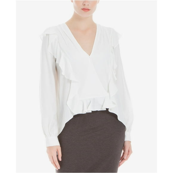 Max Studio London Blusa de punto con volantes para mujer, blanca, pequeña