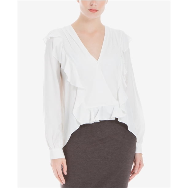 Max Studio London Blusa de punto con volantes para mujer, blanca, pequeña