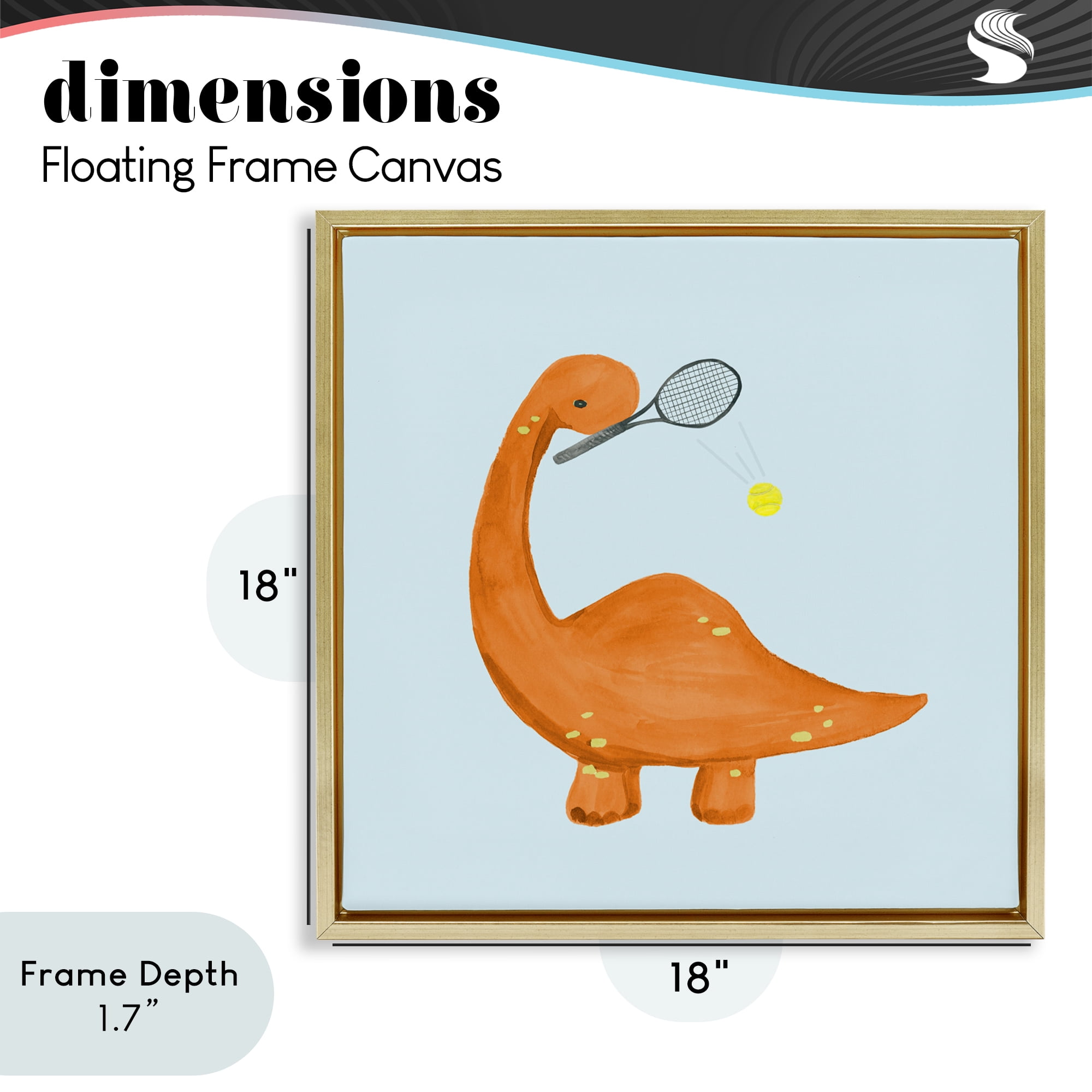 Stupell Industries Baby Dino Playing Tennis Gold Framed Floater Canvas Wall Art, design by Lucille Price