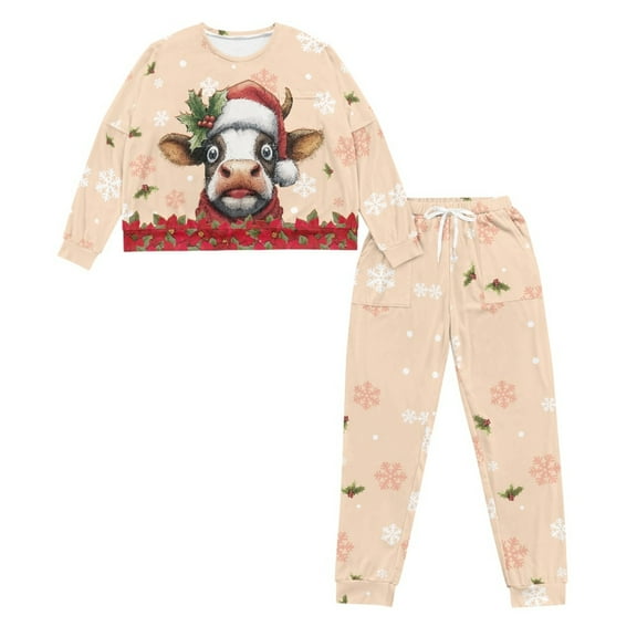 HELLHERO Christmas Pjs Set Cow Snowflake Printed Pajama Crewneck Sleepwear Soft Loungewear Drawstring Pajamas with Pajama Pants Lounge Sets, S