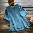 thumbnail image 3 of Summer Cotton and Linen Shirts for Womens Plus Size Spring Printed Casual Loose T-Shirt Short Sleeve V-Neck Embroidery Button Tops Cotton And Linen Blouse, 3 of 6