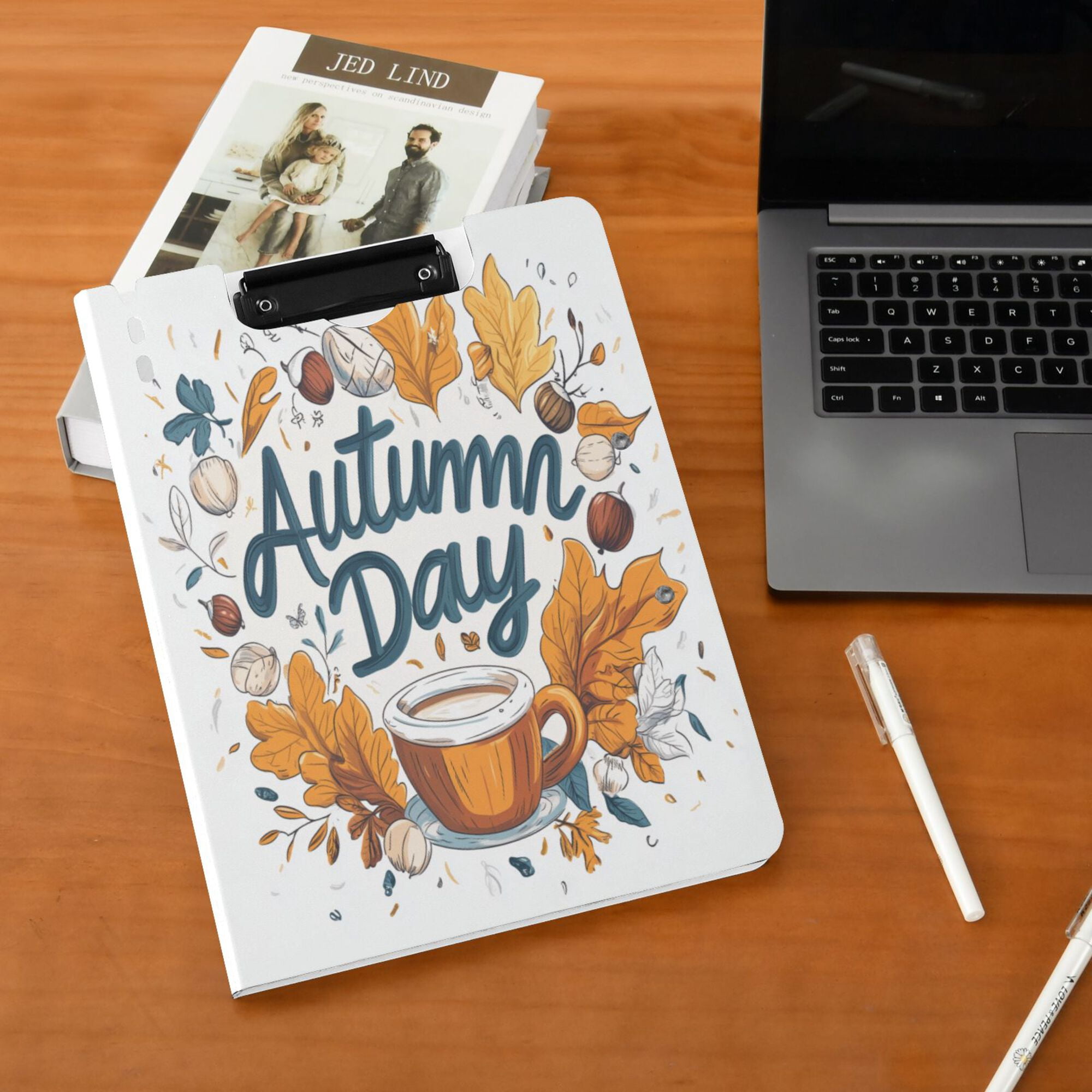 FORMRS A4 Clipboard Folder with Pen Holder Horizontal Foldable School Office Binder, Autumn Day with Cocoa Pattern