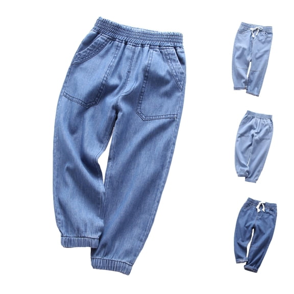 SONXAHE Boy's Drawstring Denim Jeans Solid Jogger Pants Casual Bottoms