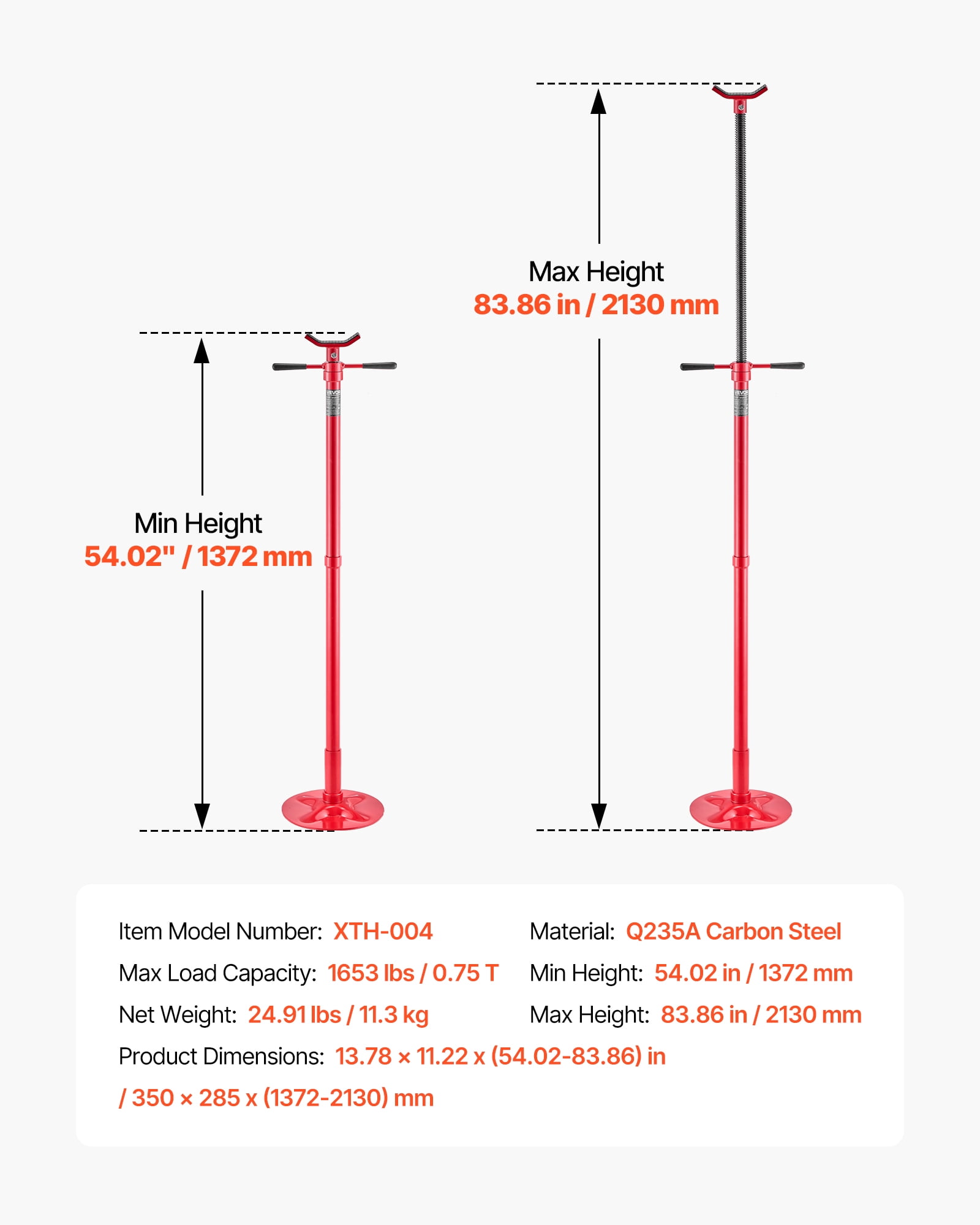 VEVOR Underhoist Support Stand, 3/4 Ton (1653 lbs) Capacity Under Hoist Jack Stand, Lifting from 54.02" to 83.86", Bearing Mounted Spin Handle, Self-Locking Threaded Screw, Support Vehicle Components