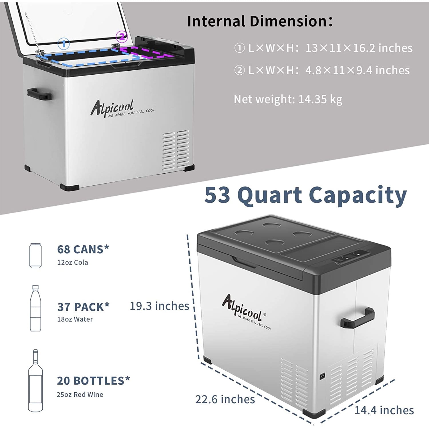 Alpicool 53 Quart Portable Mini Fridge Freezer for Car Truck RV, Silver, 37 lb, 12V DC