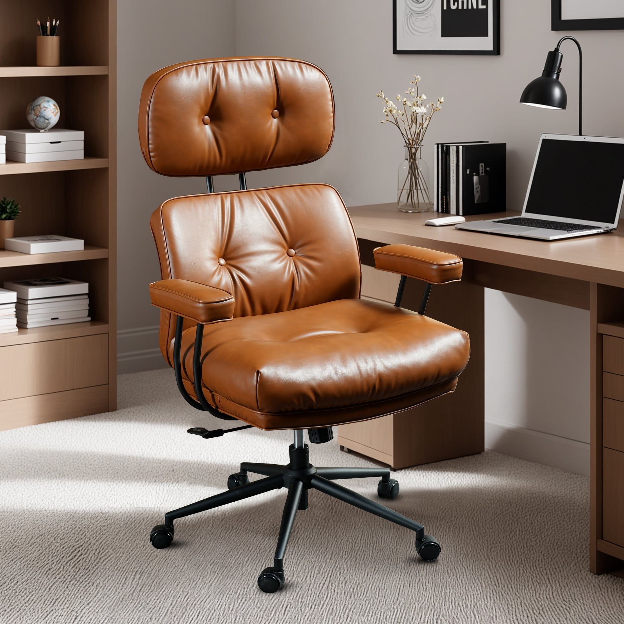 Ovios PU Leather Office Chair High Back Ergonomic Desk Chair with Lumbar Support Mid-Century Executive Computer Chair with Wheels for Home Office, Brown