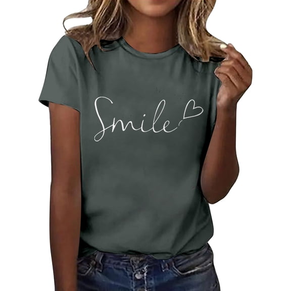 XIAONU Women's Smile Heart Print T Shirt Short Sleeve Crewneck Graphic Tee Lightweight Casual Positive Tees