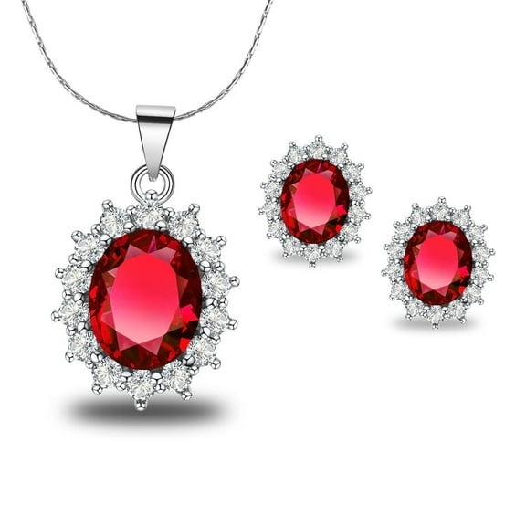 18K White Gold Created Garnet 1 Ct Oval Necklace & Earrings Set 18 inch for Women Plated by Paris Jewelry