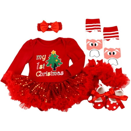 

SYNPOS Newborn Christmas Outfit 0-18m Babys First Christmas Outfit Infant Baby Girls Christmas Bodysuit Outfits Newborn Sequins Romper Tutu Dress+headband+leg Warmers+shoes Clothes