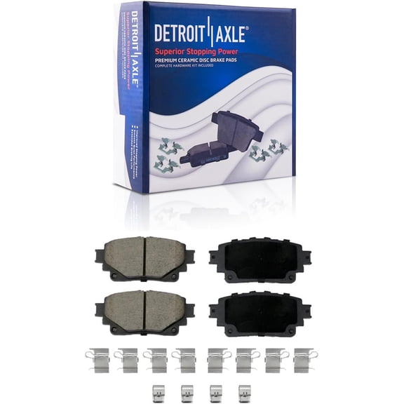 Detroit Axle - Rear Brake Pads for Toyota bZ4X Crown Highlander Lexus IS300 IS350 IS500 NX250 NX350 NX350h RX350 RX350h RX500h RZ450e Subaru Solterra, Ceramic Brake Pads with Hardware Replacement