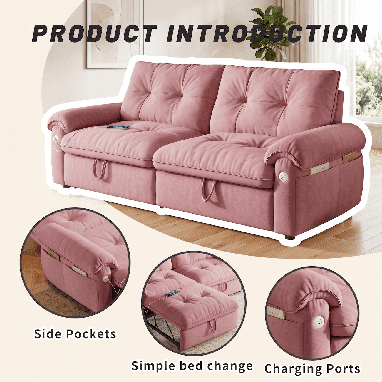 Xiweot Convertible Sleeper Sofa Bed, 77" Queen Size Pull Out Couch Bed with Adjustable Backrest, USB Ports & Side Pocket, Velvet Loveseat Sleeper for Living Room Small Space (Pink)