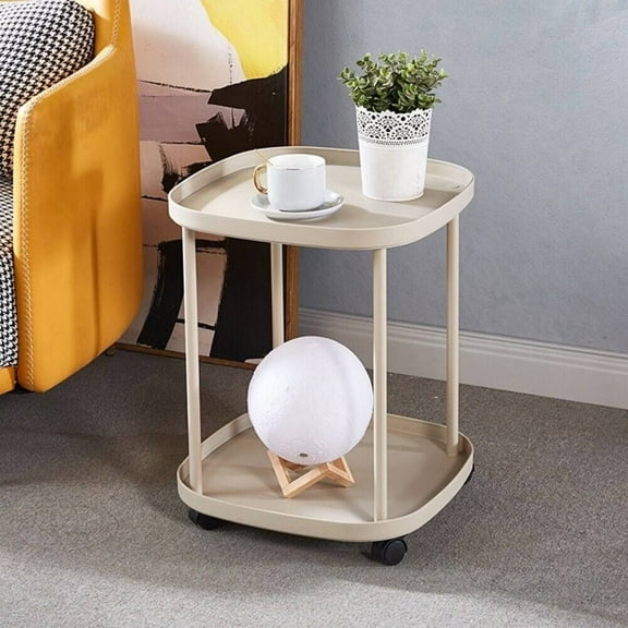 2 Tier Side Table w/Wheels Plastic Mobile Sofa End Table NightStand Living Room Khaki