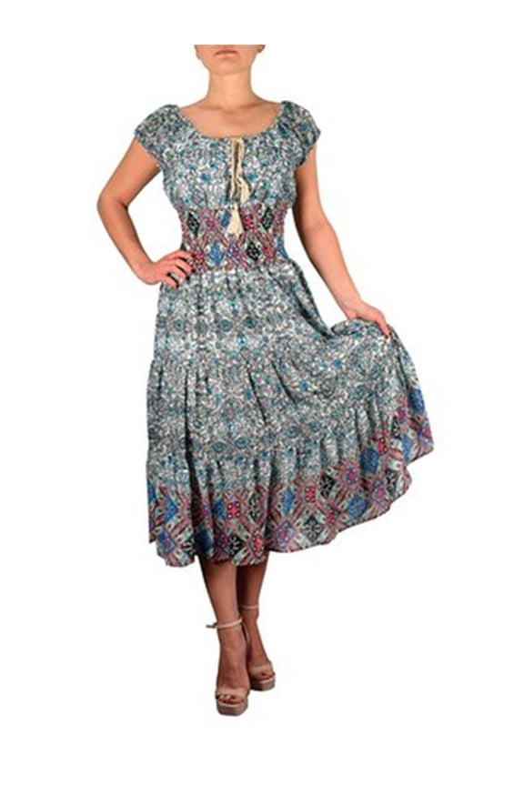 Floral Print Gypsy Cinched Waist Midi Dress
