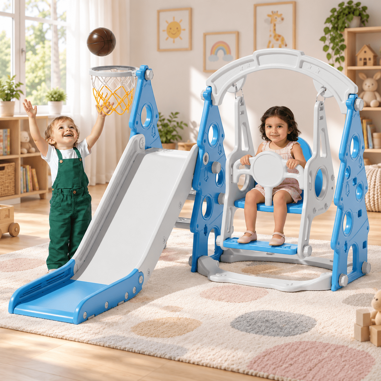 KORIMEFA 4-in-1 Kids Slide and Swing Set Toddler Climbing Slide for Age 1-4 Indoor and Outdoor Playground Slide Includes Swing Basketball Hoop Climber