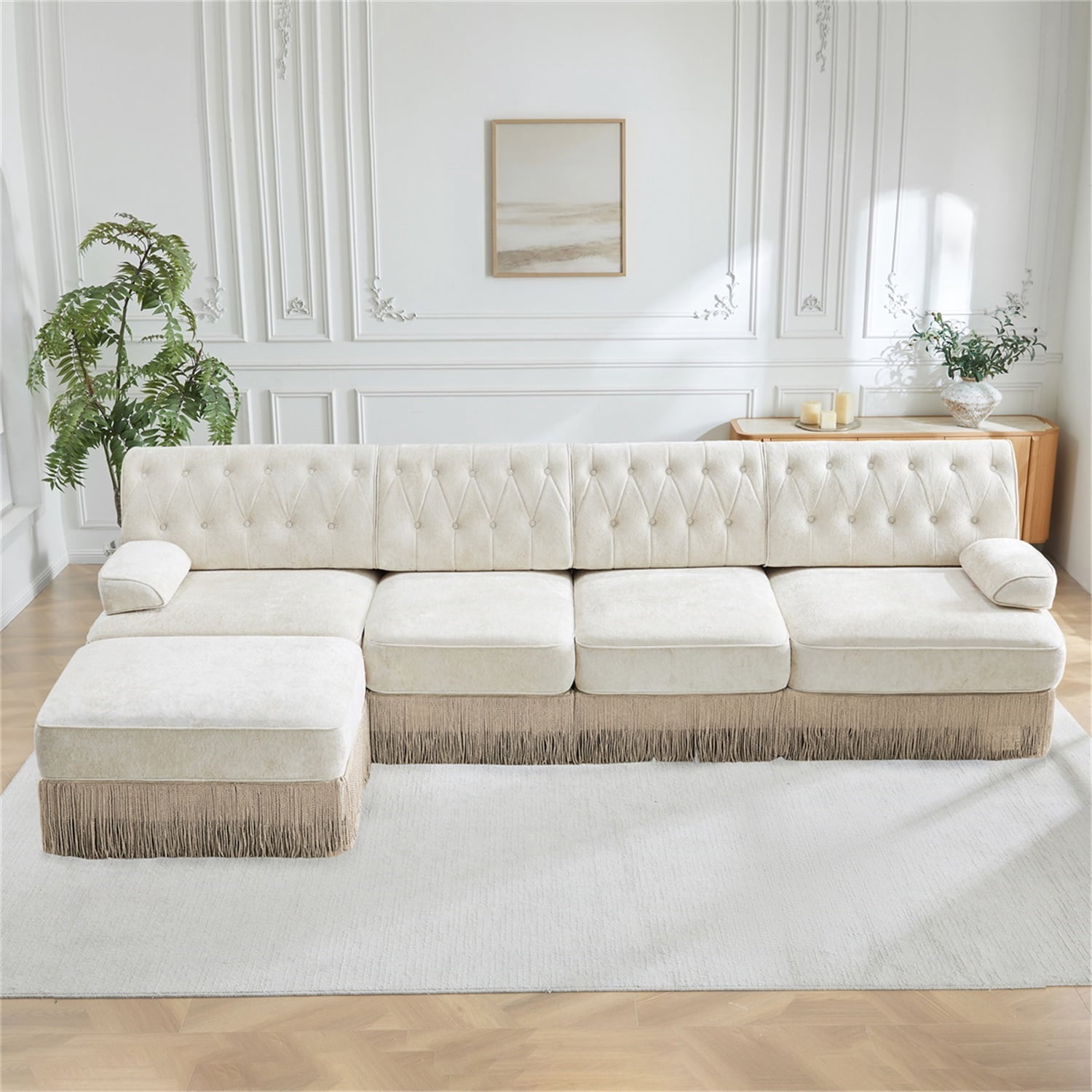 Hommoo 4-Seater Chesterfield Style Velvet Fabric L-Shaped Sectional Sofa, Tufted Button Upholstered Design and Floor-grazing Tassel, Free Combination Sofa Couch Set, for Home, Beige