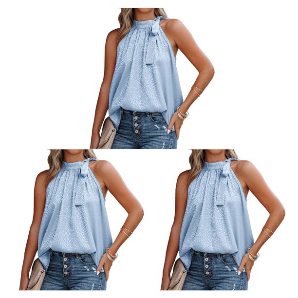 Jumpingount Blusa casual sin mangas Estética elegante Bowknot Camisa Boda Top Trabajo Viajes Verano Moda Ropa Azul XL Azul XL 3piezas Jumpingount CBP251004