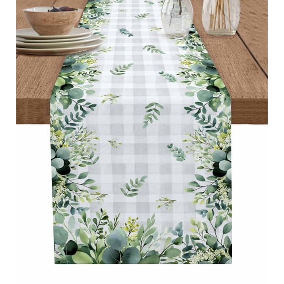 Eucalyptus Burlap Cotton Table Runner 13x120 Inches Long, Sage Green Farm Plant Gray Buffalo Plaid Farmhouse Table Runners, Outdoor Dining Tablecloths Decor for Baby Shower/Party/Wedding