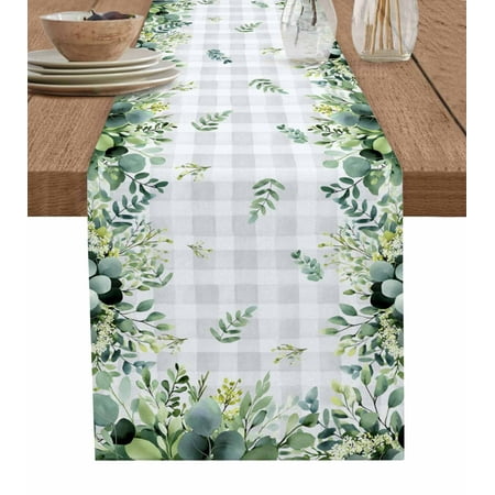 

Eucalyptus Table Runner Sage Green Farm Plant Gray Buffalo Plaid Tablerunners 13 x 90 Inch Table Decorations Tabletop Scarf for Summer Gathering Holiday Farmhouse Kitchen Dining Decor