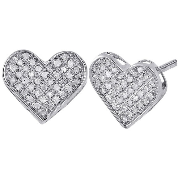 Diamond Heart Earrings Ladies Pave Studs 12.75mm in Sterling Silver 0.25 Ct.