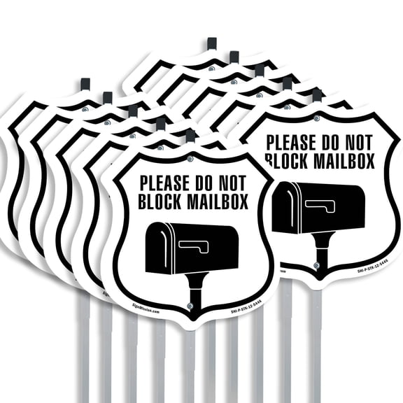 Please Do Not Block Mailbox (10 Pack) 12 inch X 12 inch Shield Shaped Commercial Grade Plastic Signs with Aluminum Mounting Stakes Weather Resistant Made in the USA