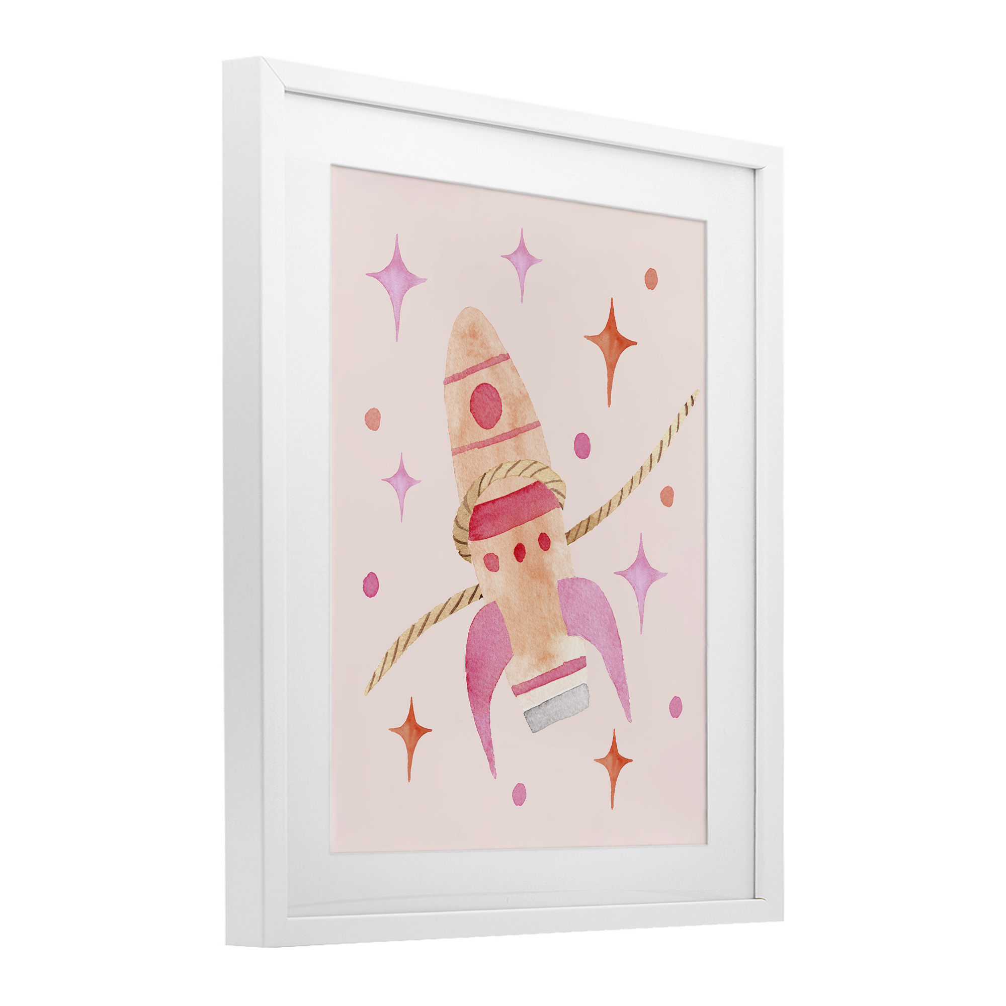 Lasso Rocket Ship White Framed Print Under Glass, design by Nina Jacobs