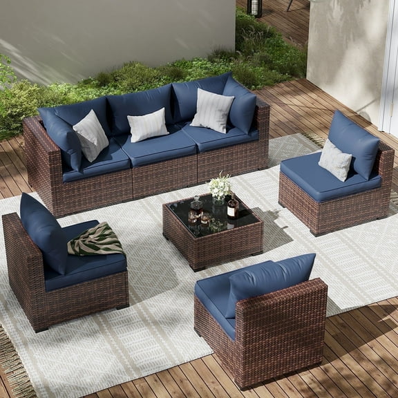 ELPOSUN Patio Furniture Set, Outdoor Patio Furniture Wicker Furniture Couch Set, 7 Pieces Outdoor Sectional Sofa, Patio Furniture Set, Outdoor Patio Set for Home Furniture (Navy Blue)