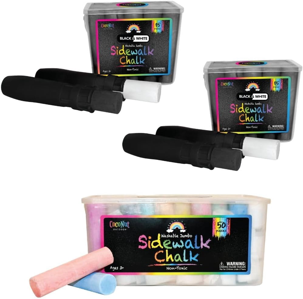 Jumbo Outdoor Sidewalk Chalk | 80 Pieces Mega Bucket Set with 50 Color, 20 Black & 10 White Chalks + 4 Holders | Washable Non-Toxic Chalk for Driveways, Playgrounds & Outdoor Fun | Kids Ages 3+