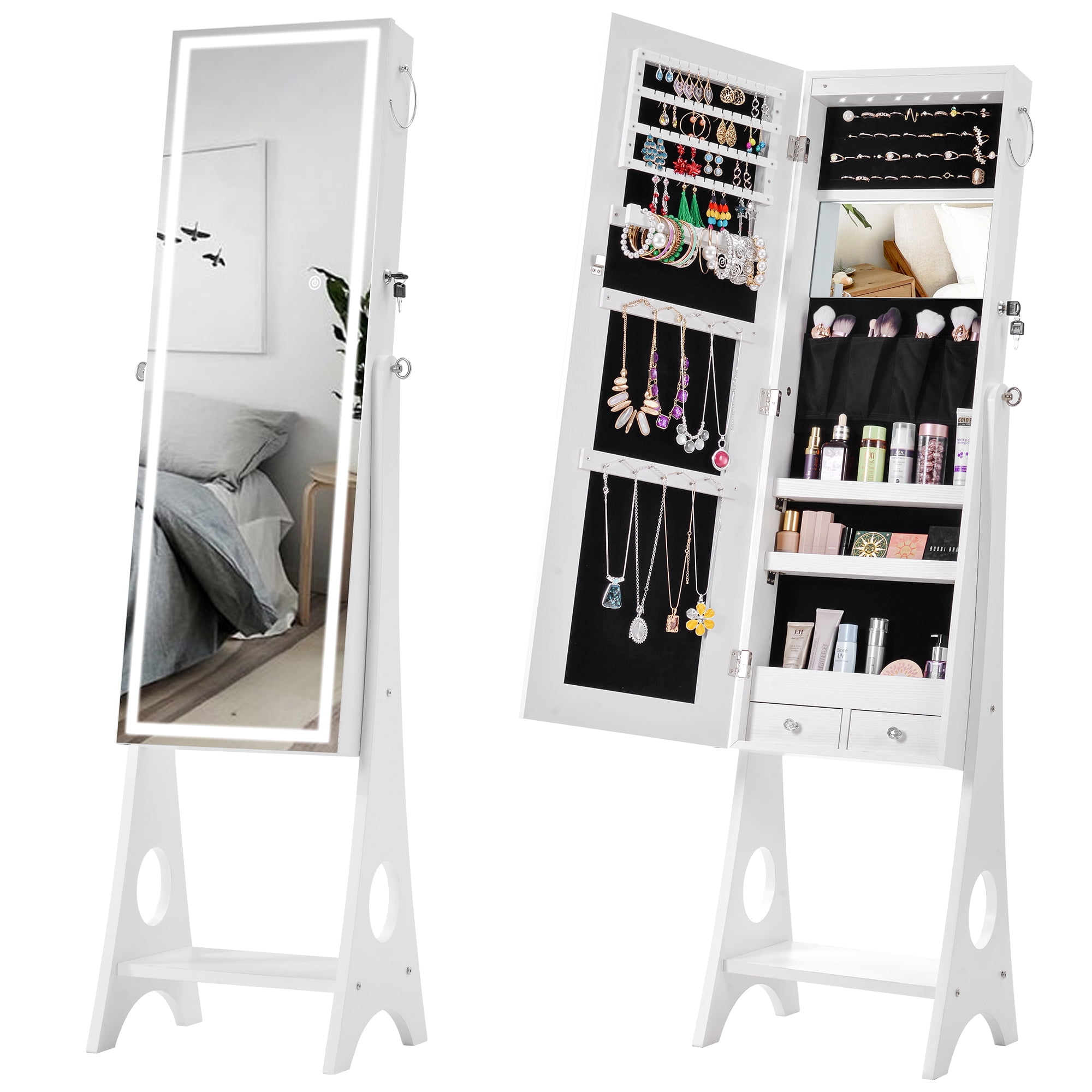Resenkos LED Light Jewelry Armoire with Full-Length Mirror, White Standing Mounted Lockable Jewelry Organizer Cabinet