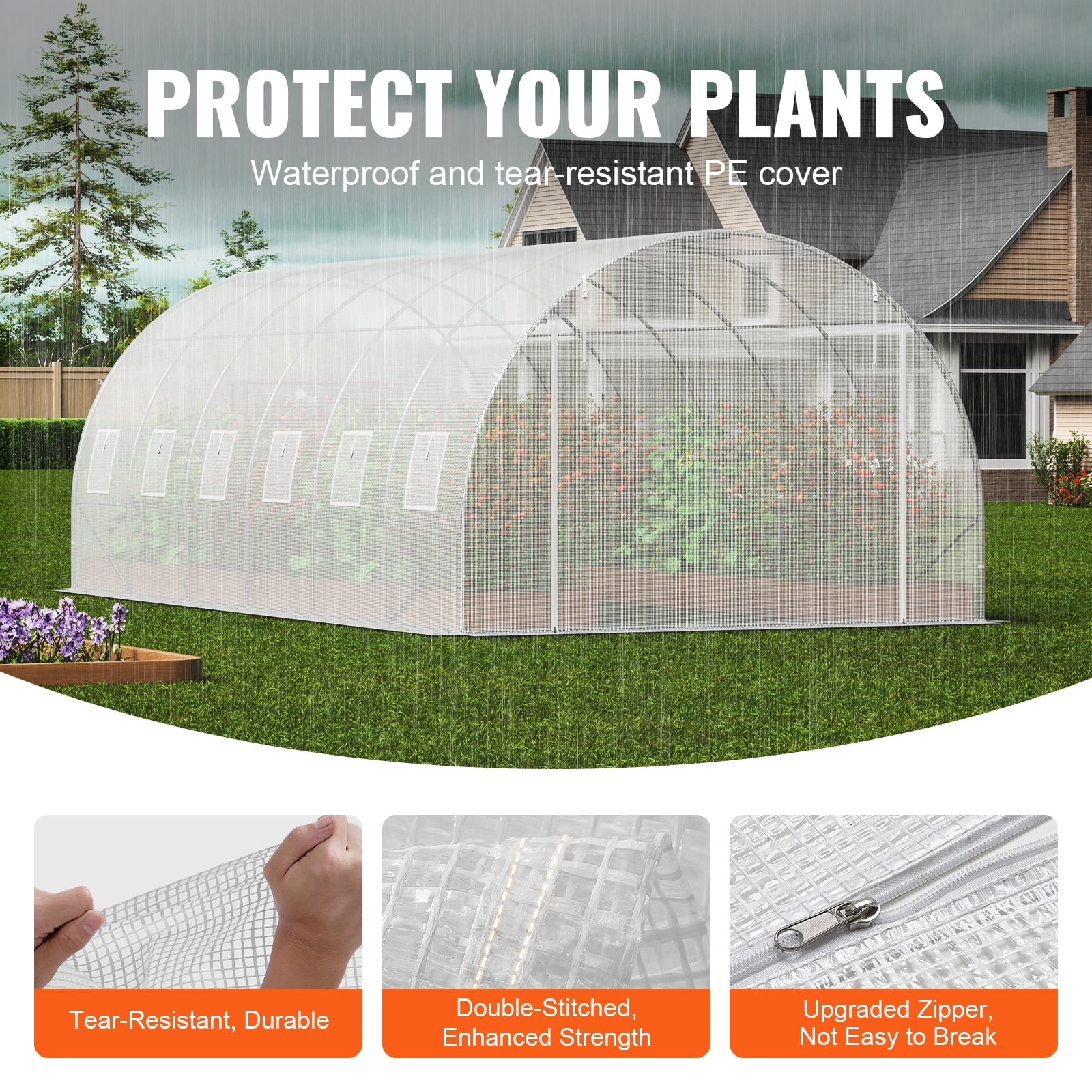KFFKFF Tunnel Greenhouse, 19.4x9.7x6.5 ft, with Sturdy Galvanized Steel Frame, White PE Protection, Roll-up Door & 12 Ventilation Windows for Garden