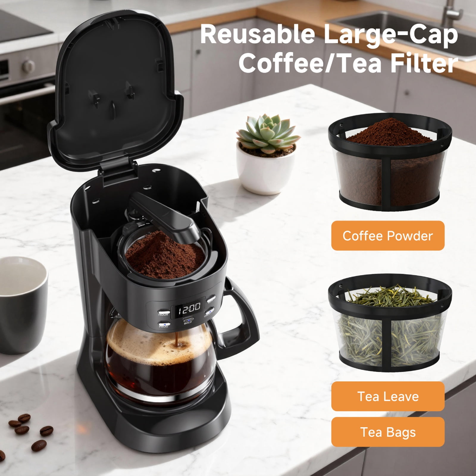 5 Cup Programmable Drip Coffee Maker with Auto Shut-Off Function and Reusable Washable Water Filter Small Coffee Machine for Apartment