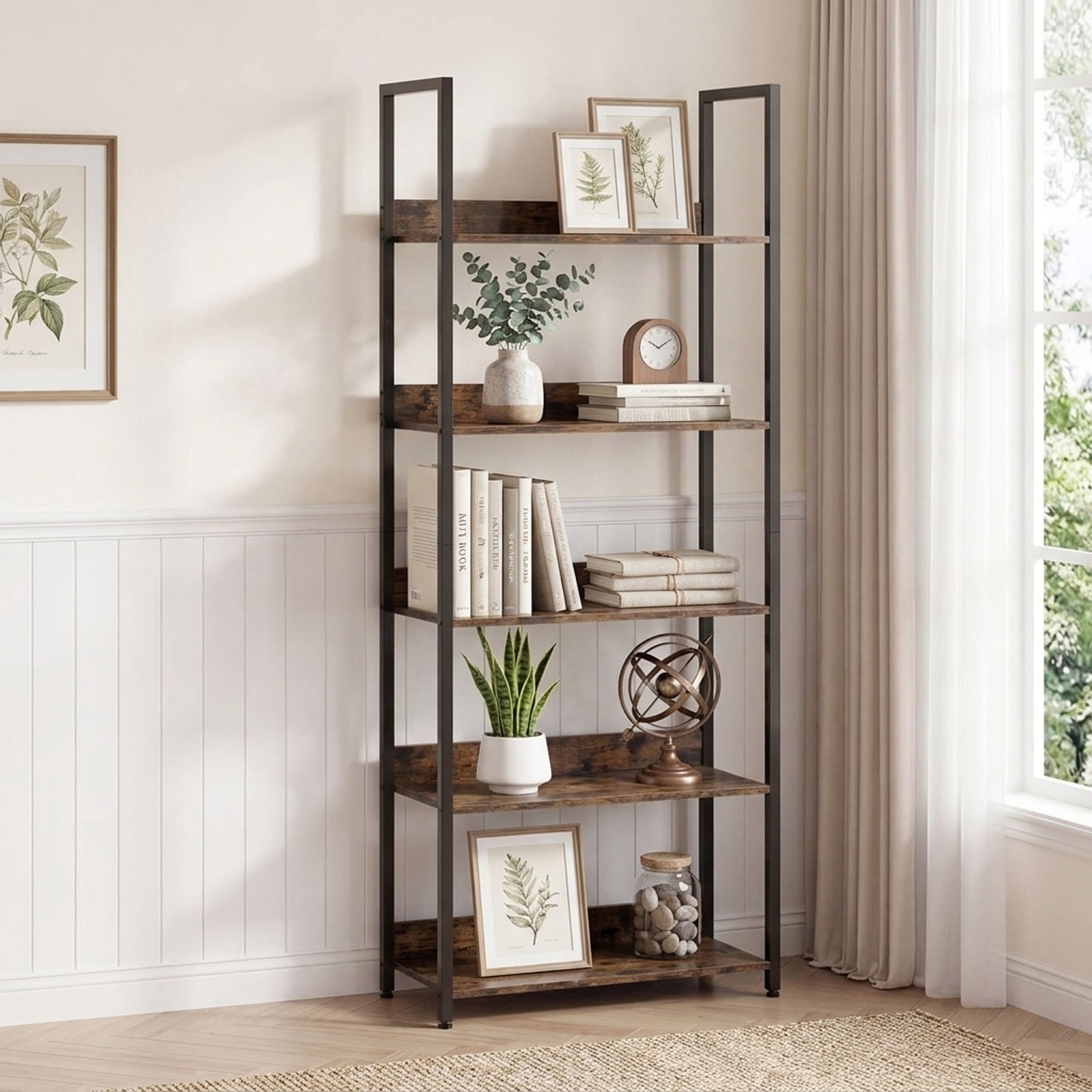 Furnibear 5-Tier Bookshelf Tall Wooden Open Bookcase with Back Panels for Living Room Home Office Bedroom Display Storage Shelf, Rustic Brown