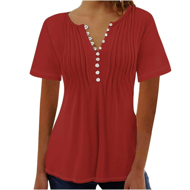 Timegard Hauts d'Été pour Femmes Évasés Manches 3/4 Col en V Boutonné Chemise Froncée Tunique Décontractée Habillée