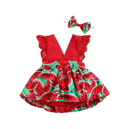 

Nokpsedcb Infant Baby Girl Watermelon Print Clothes Set Deep V-neck Jumpsuit+Headband Red 18-24 Months