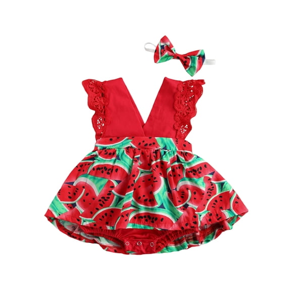 Canrulo Infant Baby Girl Watermelon Print Clothes Set Deep V-neck Jumpsuit+Headband Red 0-6 Months
