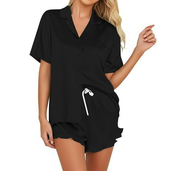 Satin Pajama Set for Women 2 Pcs Womens Shorts Pajama Set Button Up Lounge Wear for Women Womens Pajama Sets