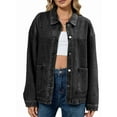 thumbnail image 1 of Womens Fall Winter Jean Denim Jacket Long Sleeve Button Down Shirts Oversized Trendy Coat with Pockets Black & Gray L, 1 of 9
