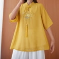 thumbnail image 2 of Women's Floral Embroidery Chinese Blouse - Long Sleeve Cotton Linen Top with Jacquard & Sheer Mesh, Boho Chic Button-Down Shirt with Frog Fasteners, 2 of 5