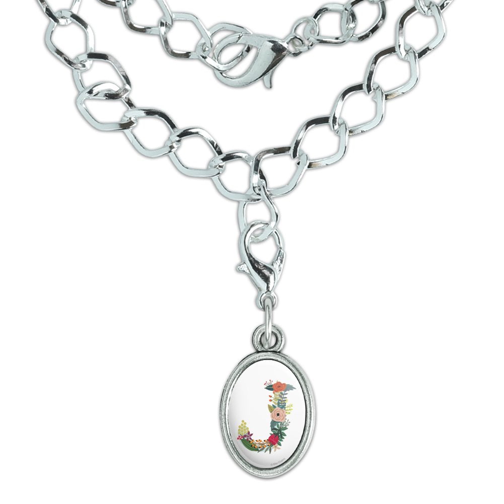 Letter J Floral Monogram Initial Silver Plated Bracelet with Antiqued