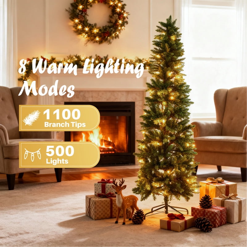 Gianna 9ft Pre-lit Pencil Christmas Tree, Green Artificial Spruce Slim Christmas Trees with 500 Incandescent Lights, 1100 Branch Tips & Foldable Base for Home, Office, Party Decoration