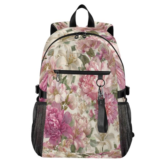 Full‑Print Casual Laptop Backpack, 20L Water‑Resistant Twill Tote Daypack with 14 Inch Computer Compartment for School Business Travel Pink Floral Pattern