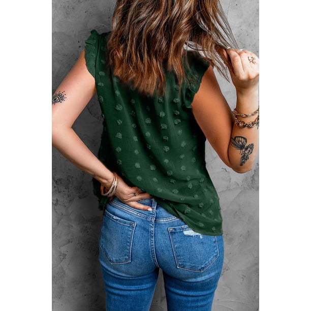 ABPHQTO Camiseta sin mangas de lunares con volantes y cuello vuelto verde para mujer