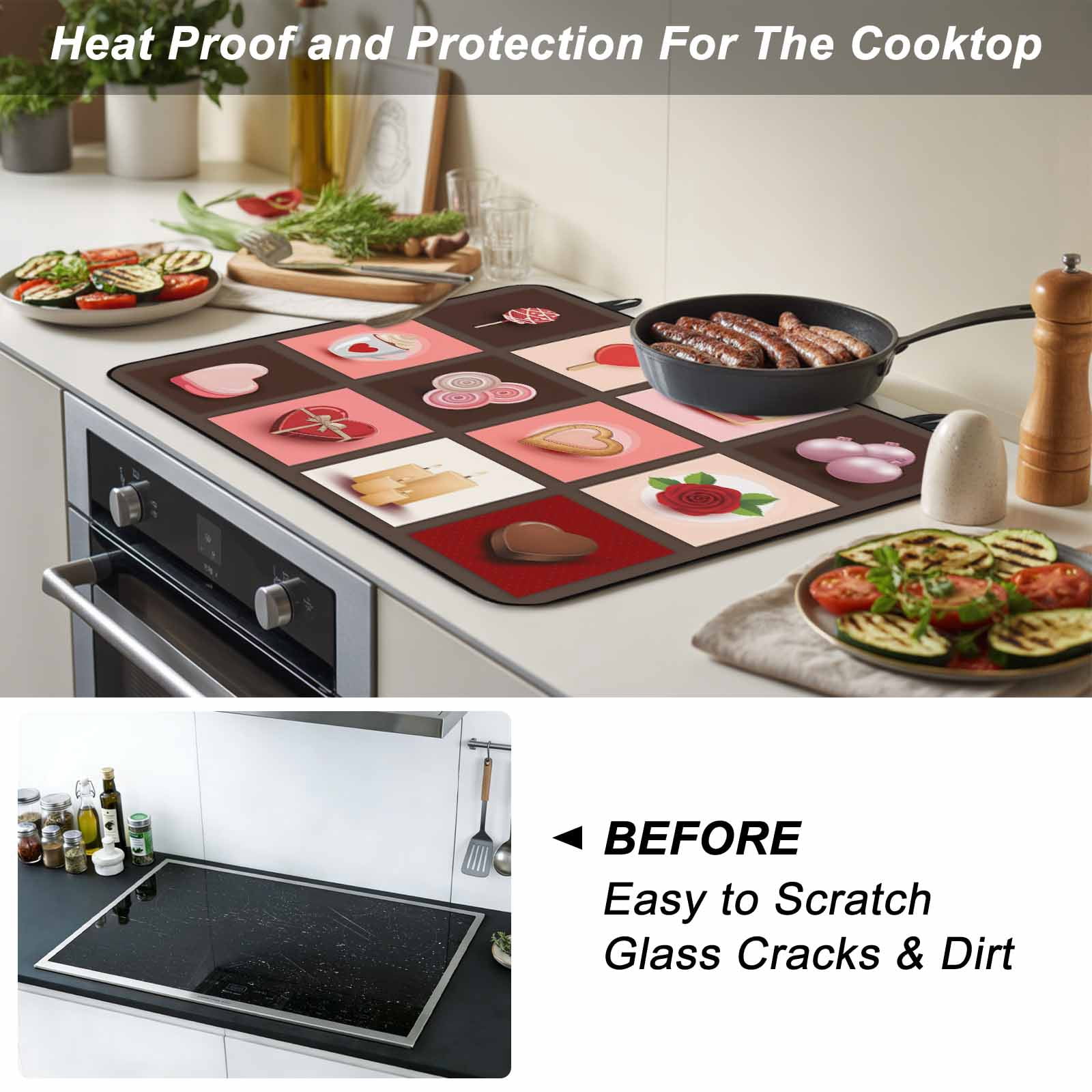 Valentine's Day Stove Top Cover for Electric Stove, Heat-proof & Non Slip Glass Top Stove Cover Protector, Love Heart Chocolate Rose Plaid Kitchen Flat Cooktop Rubber Mat 24x21 Inches