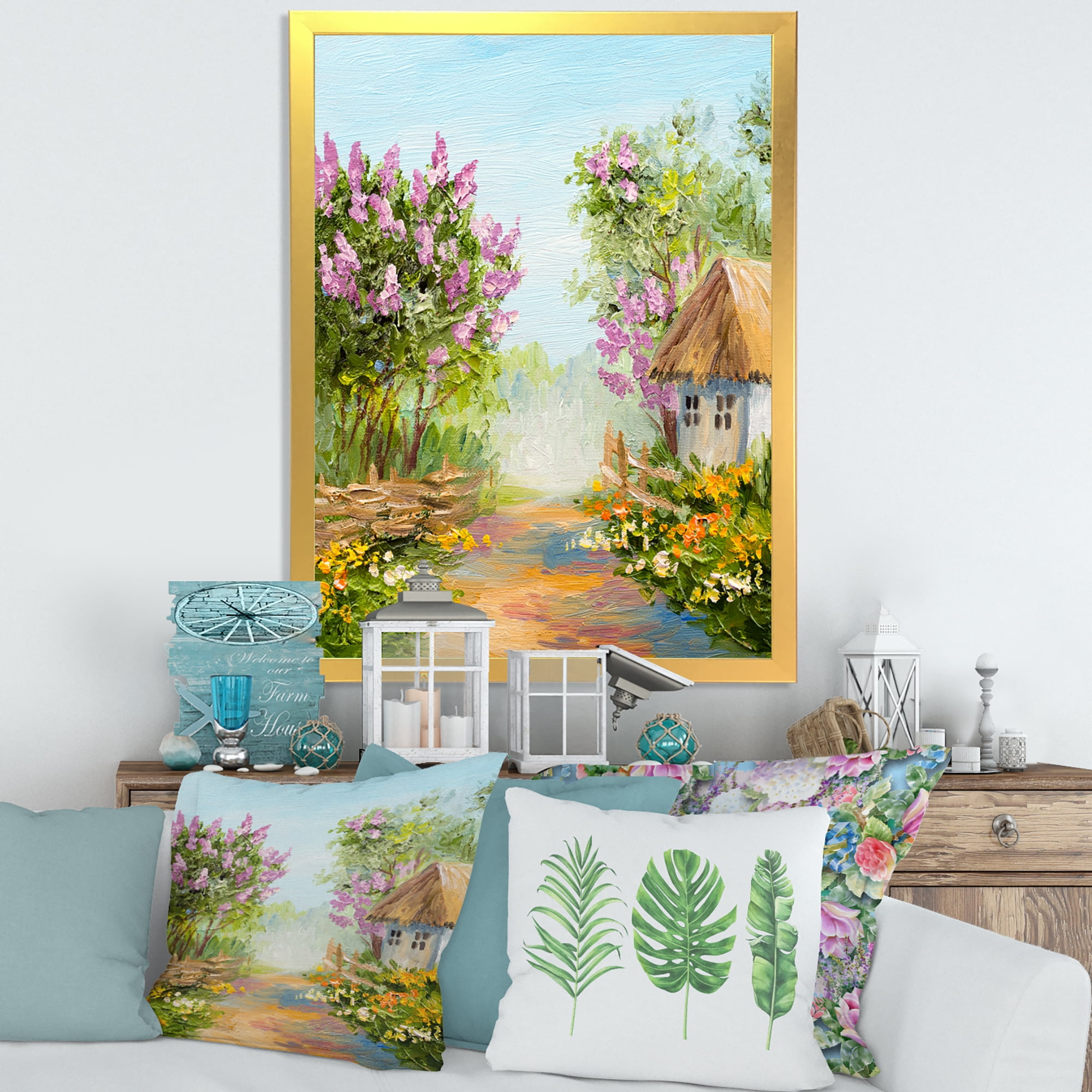 Designart 'Little House In The Blossoming Flowers Forest' Lake House Framed Art Print