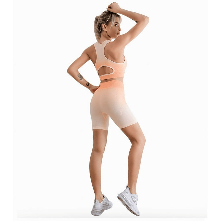 Rush Famulily Sexy Workout Outfit for Women ,Summer Casual Gym Workout  Running Tracksuit Outfits Sportswear Yoga Clothes-Orange(S) S1241 
