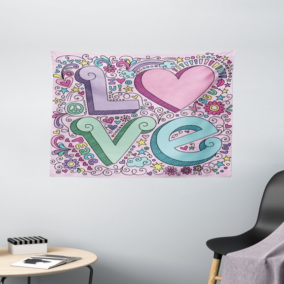 Doodle Tapestry, Hand Drawn 3D Love Lettering Psychedelic Goorvy Sixties Inspired Design Peace Kiss U, Wall Hanging for Bedroom Living Room Dorm Decor, 60W X 40L Inches, Multicolor, by Ambesonne
